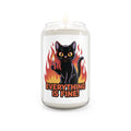 Candle with a black cat design and 'Everything is Fine!' text on a white background