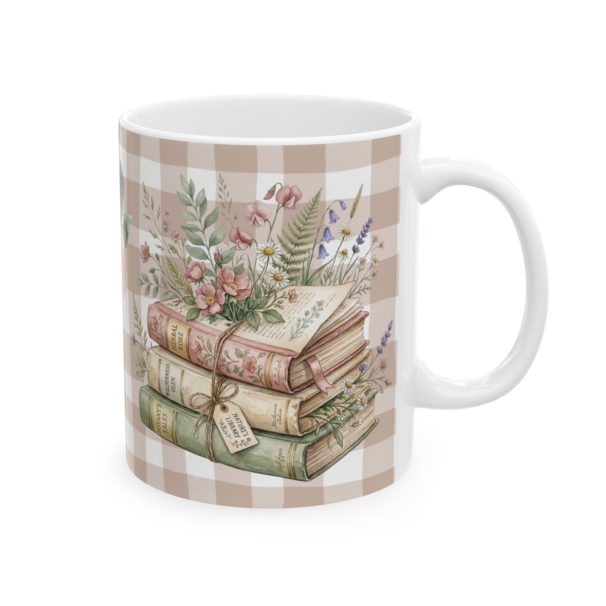 Floral Gingham Ceramic Mug – Stack of Vintage Books & Pink Peonies (11oz)