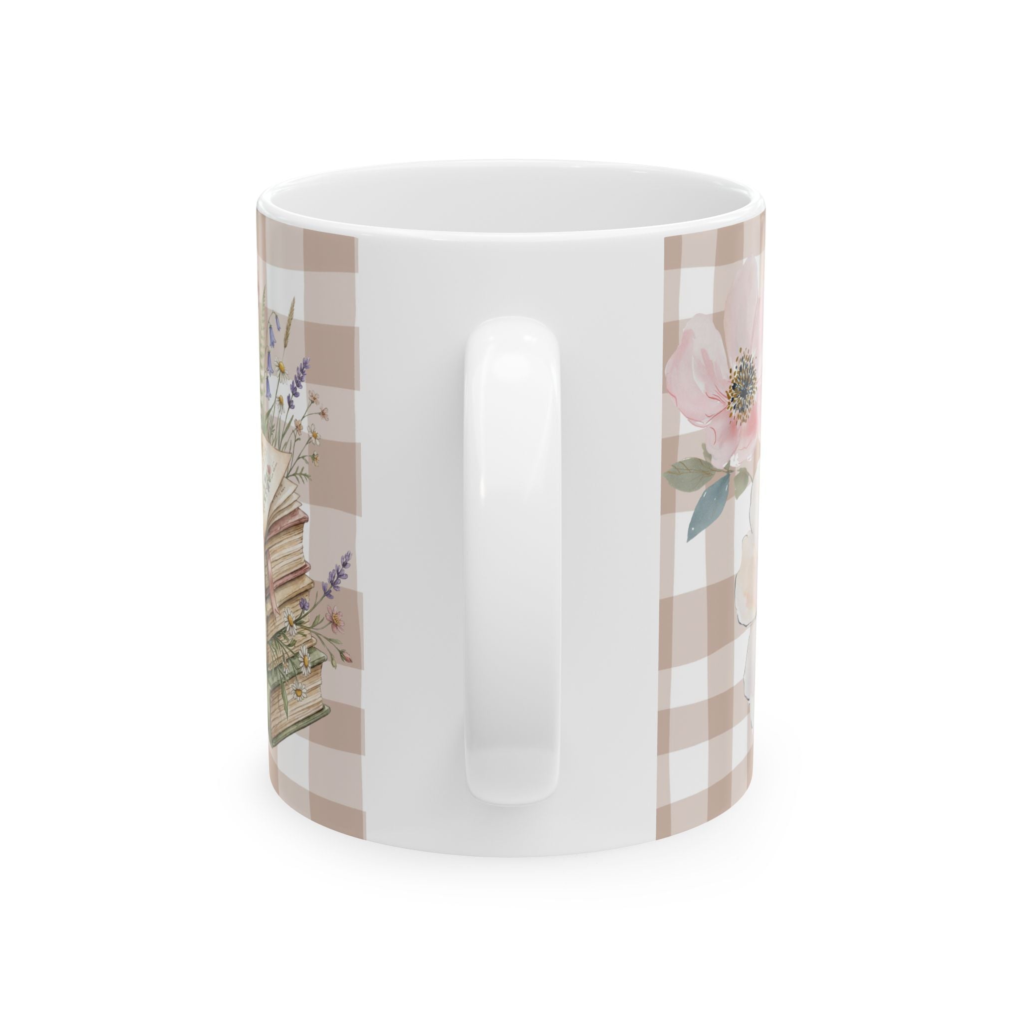 Floral Gingham Ceramic Mug – Stack of Vintage Books & Pink Peonies (11oz)