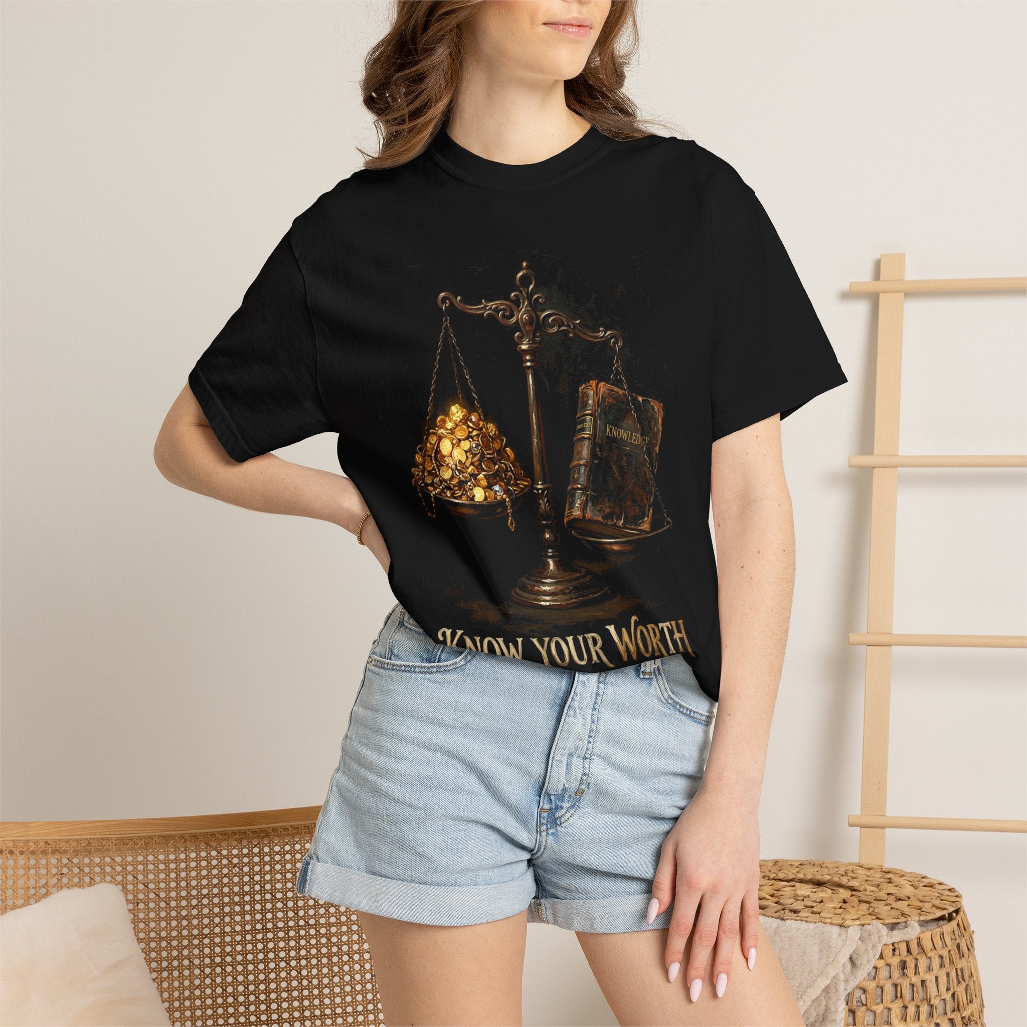 Know Your Worth Scales Book Graphic T-shirt | Empowerment