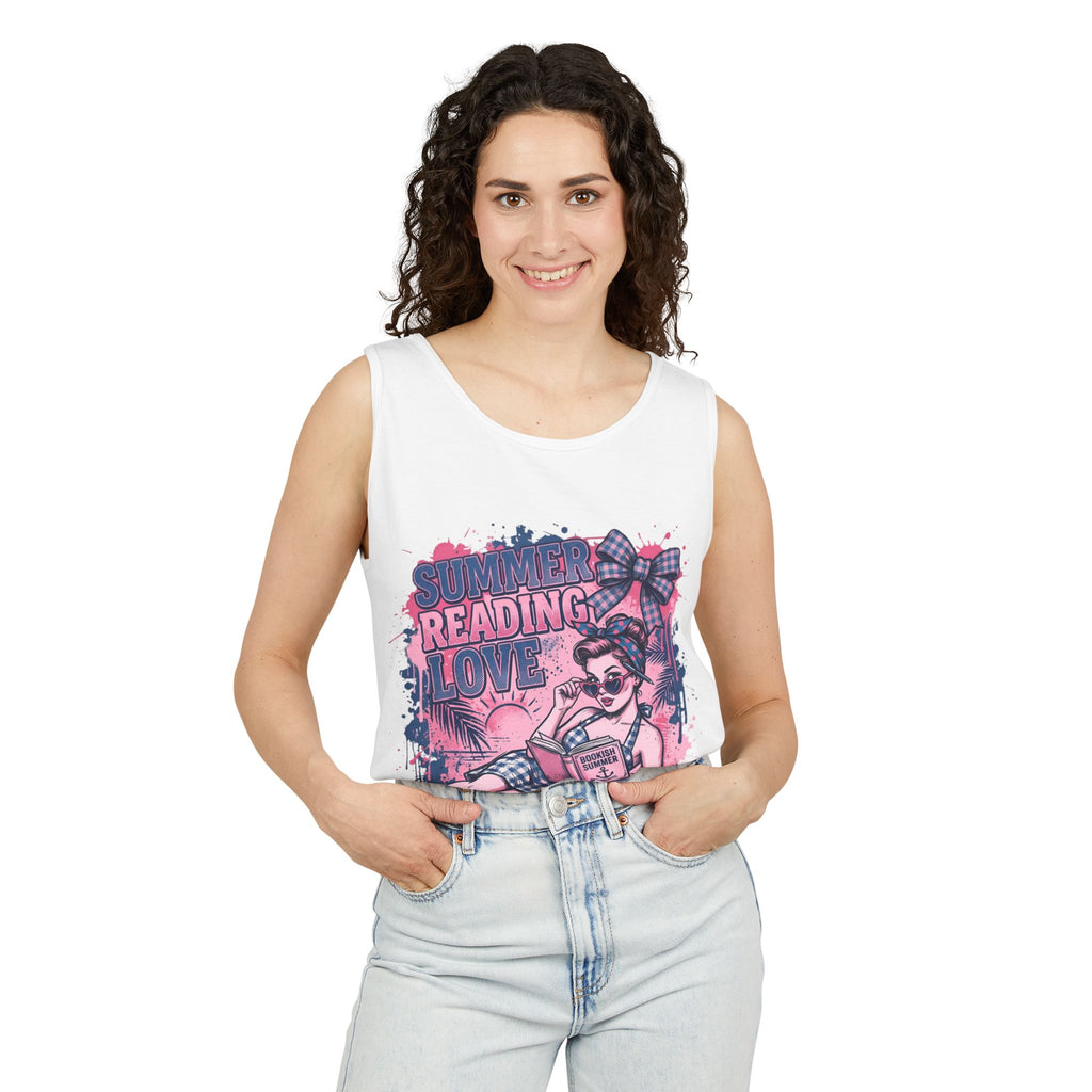 Woman wearing a white tank top with 'Summer Reading Love' design on a white background