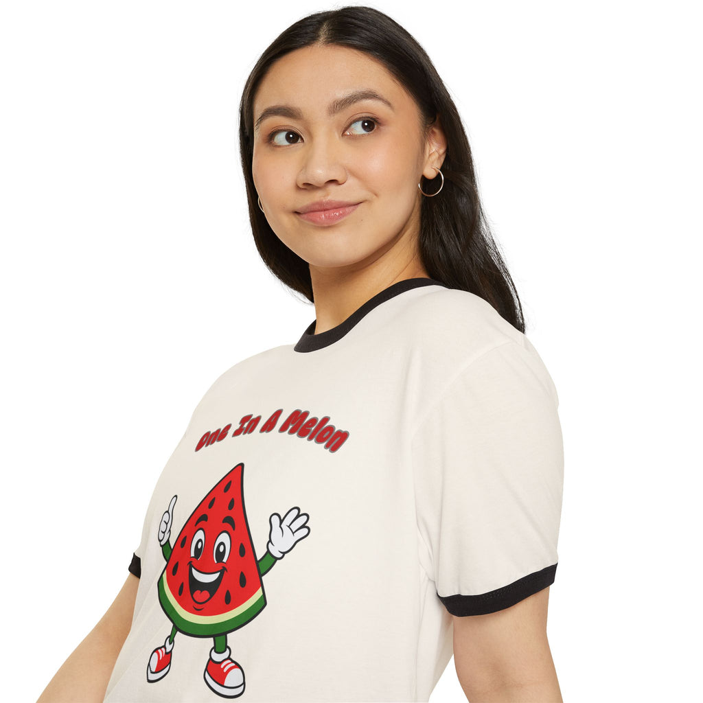 "One In A Melon" Cute Watermelon Slice Graphic Ringer Tee