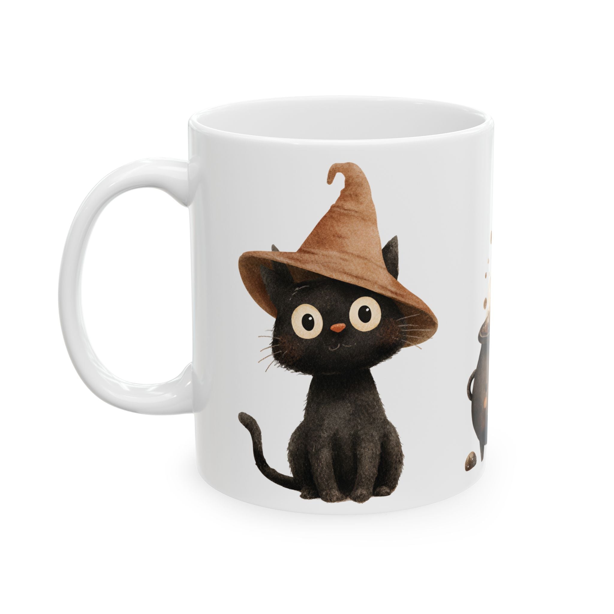 Witch Cat Ceramic Mug — Cute Black Cats & Bubbling Cauldron Coffee Cup (11oz/15oz)