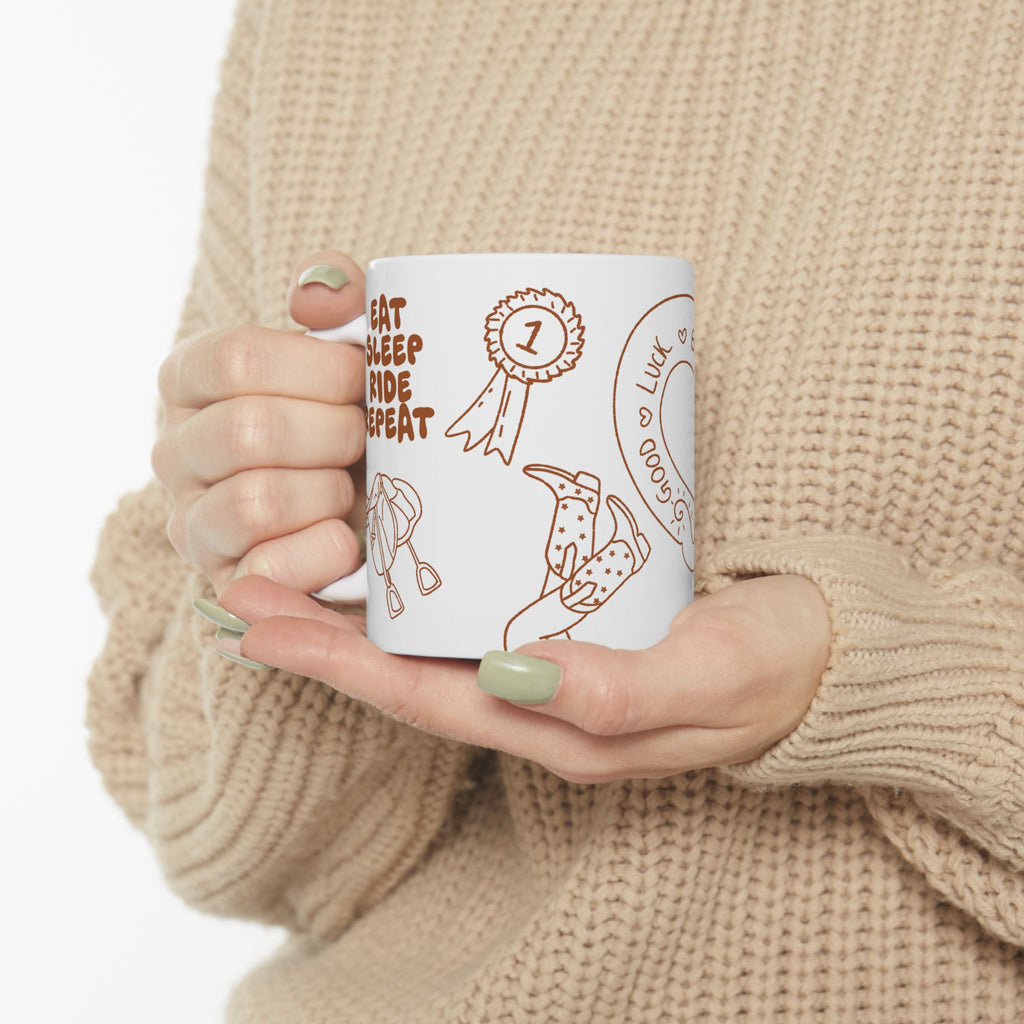 Horse Girl Doodles Ceramic Mug — Equestrian Lucky Charm Coffee Cup (11oz)