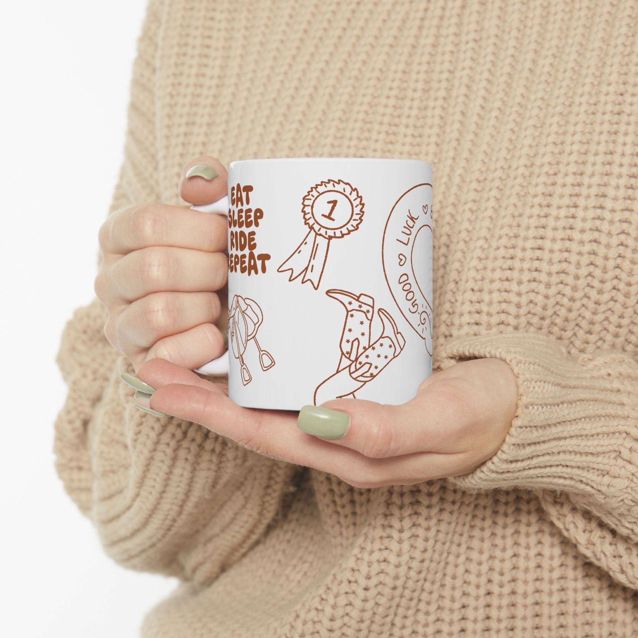 Horse Girl Doodles Ceramic Mug — Equestrian Lucky Charm Coffee Cup (11oz)
