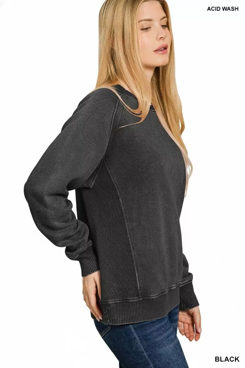 Acid Washed Fleece Sweatshirt with Side Rib Detail - Addy Avenue