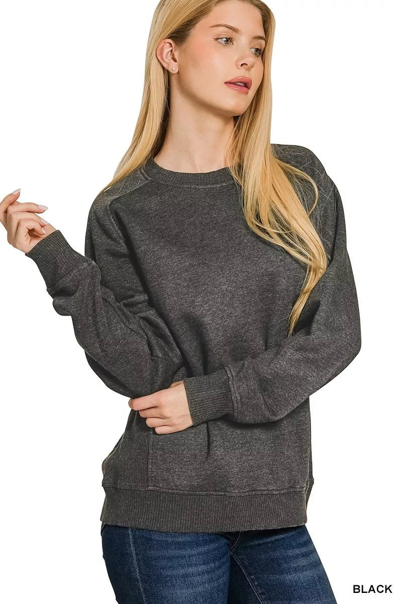 Acid Washed Fleece Sweatshirt with Side Rib Detail - Addy Avenue
