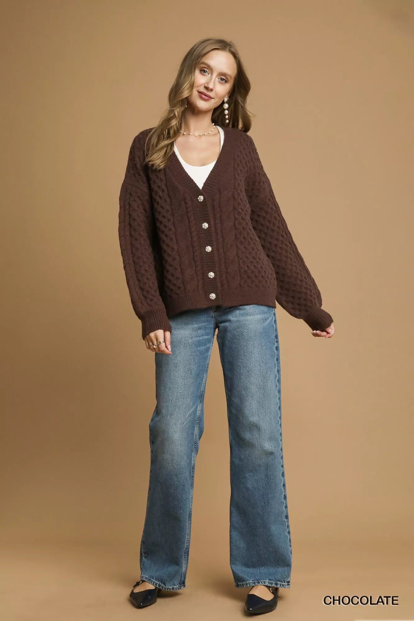 Cable Knit Pearl Button Cardigan - Addy Avenue