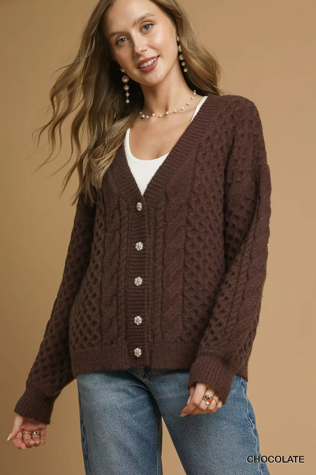 Cable Knit Pearl Button Cardigan - Addy Avenue