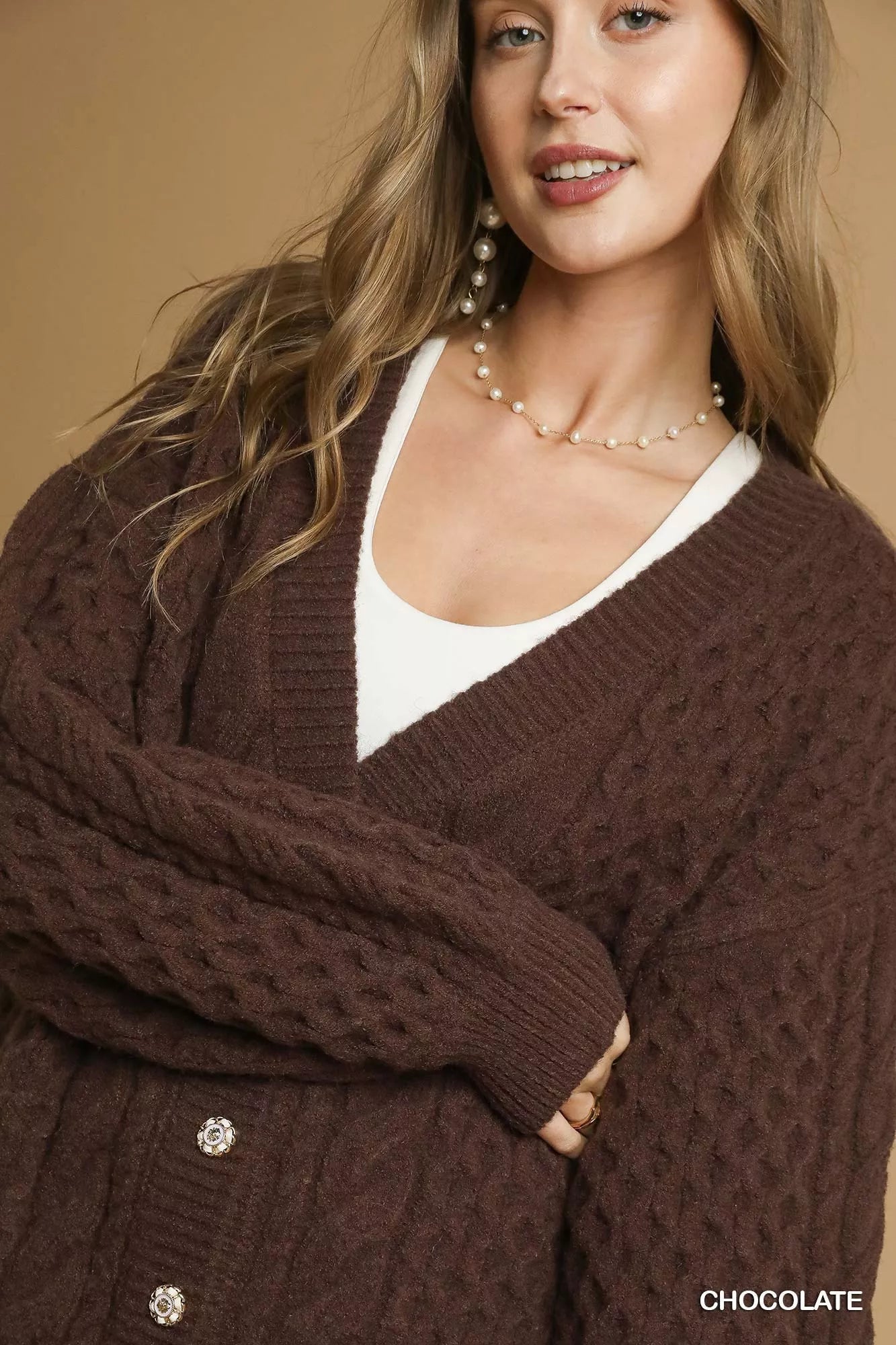 Cable Knit Pearl Button Cardigan - Addy Avenue