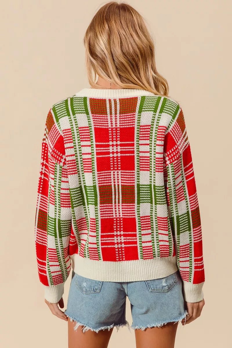 Christmas Color Checkered Plaid Crew Neck Sweater - Addy Avenue