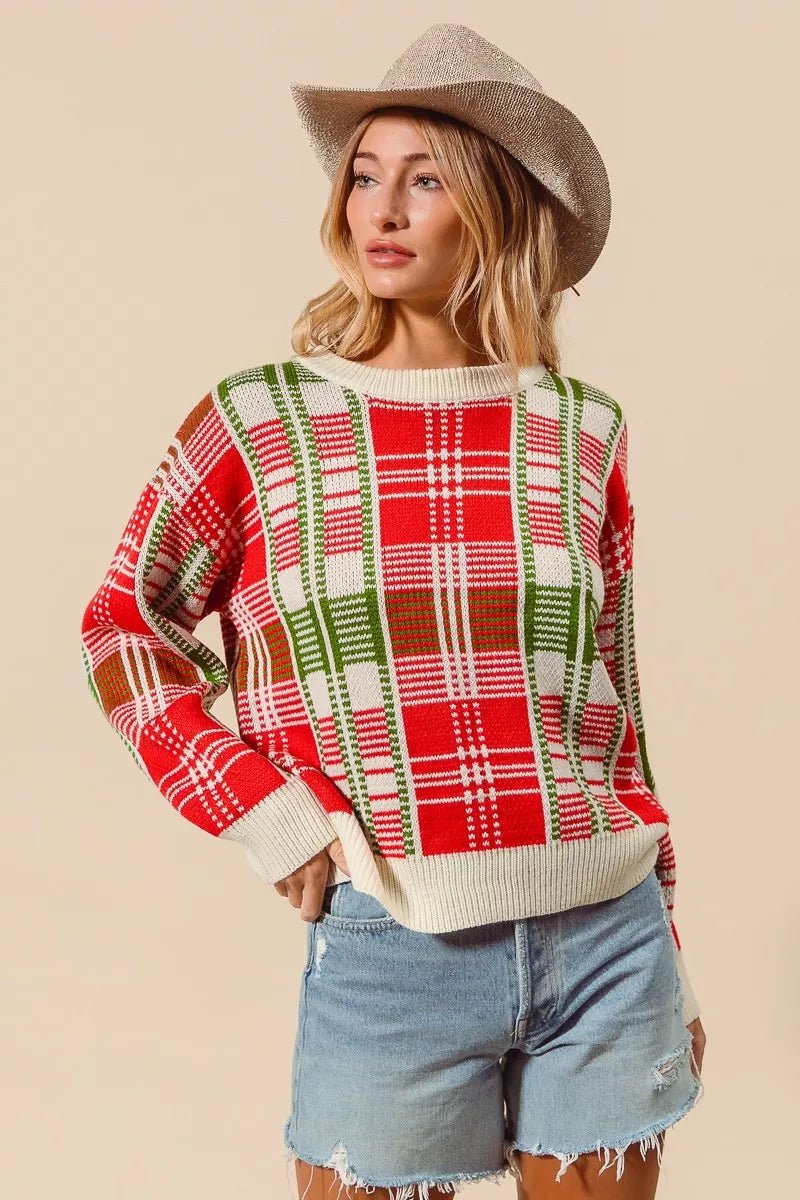Christmas Color Checkered Plaid Crew Neck Sweater - Addy Avenue