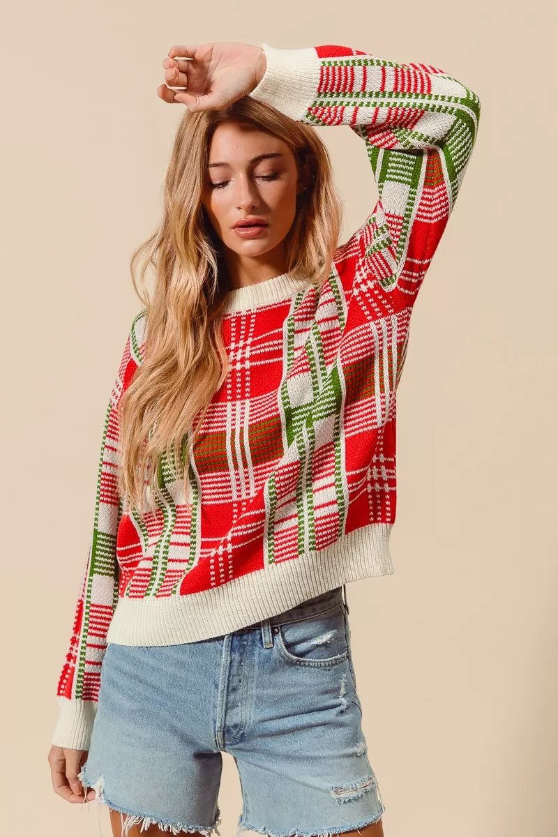 Christmas Color Checkered Plaid Crew Neck Sweater - Addy Avenue