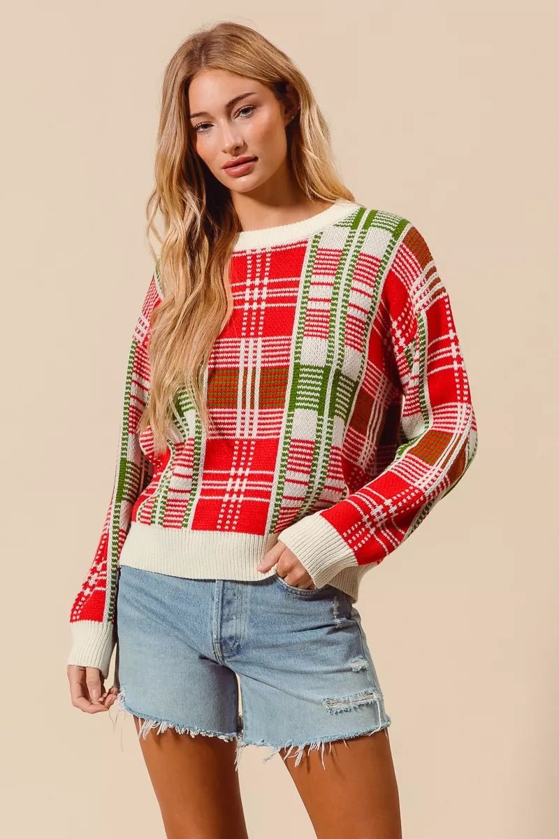 Christmas Color Checkered Plaid Crew Neck Sweater - Addy Avenue