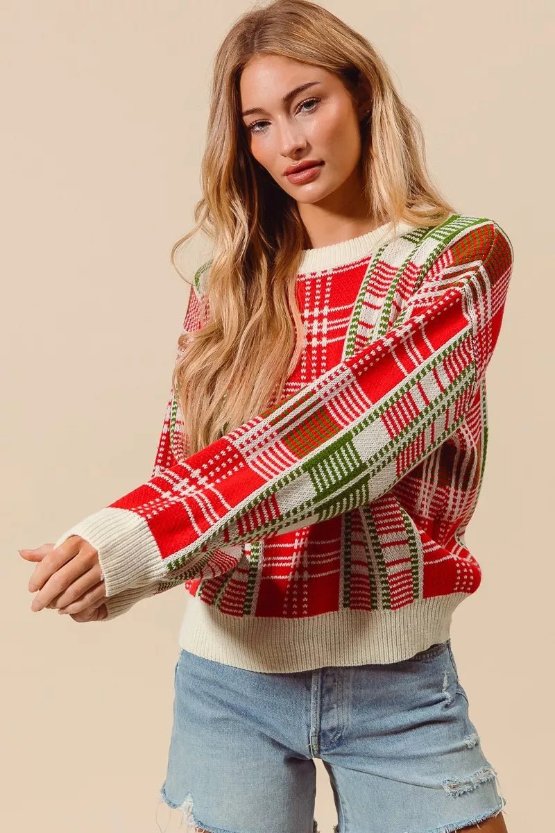 Christmas Color Checkered Plaid Crew Neck Sweater - Addy Avenue
