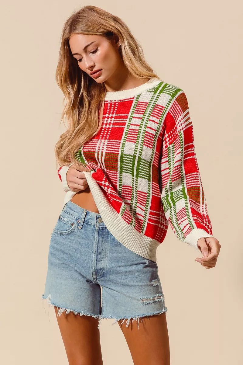 Christmas Color Checkered Plaid Crew Neck Sweater - Addy Avenue