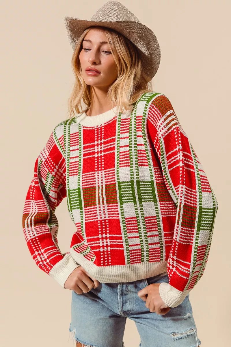 Christmas Color Checkered Plaid Crew Neck Sweater - Addy Avenue