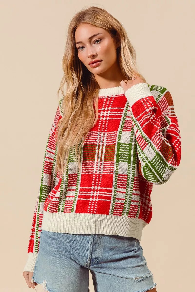 Christmas Color Checkered Plaid Crew Neck Sweater - Addy Avenue