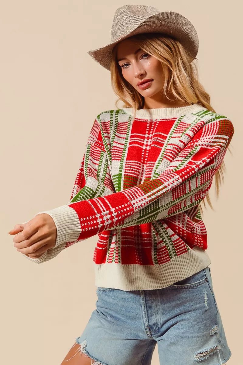 Christmas Color Checkered Plaid Crew Neck Sweater - Addy Avenue