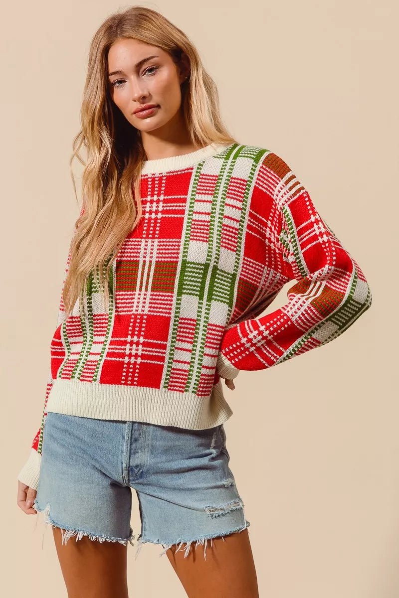 Christmas Color Checkered Plaid Crew Neck Sweater - Addy Avenue