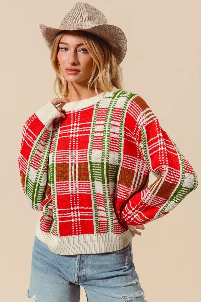 Christmas Color Checkered Plaid Crew Neck Sweater - Addy Avenue