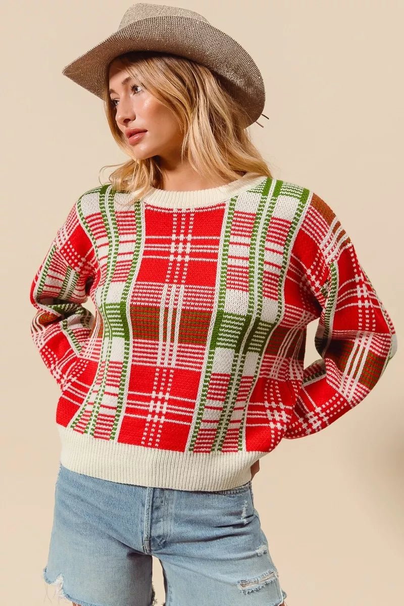 Christmas Color Checkered Plaid Crew Neck Sweater - Addy Avenue