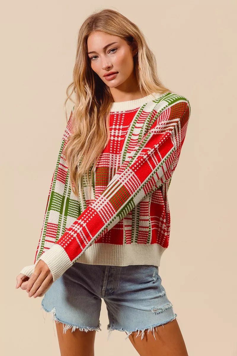 Christmas Color Checkered Plaid Crew Neck Sweater - Addy Avenue