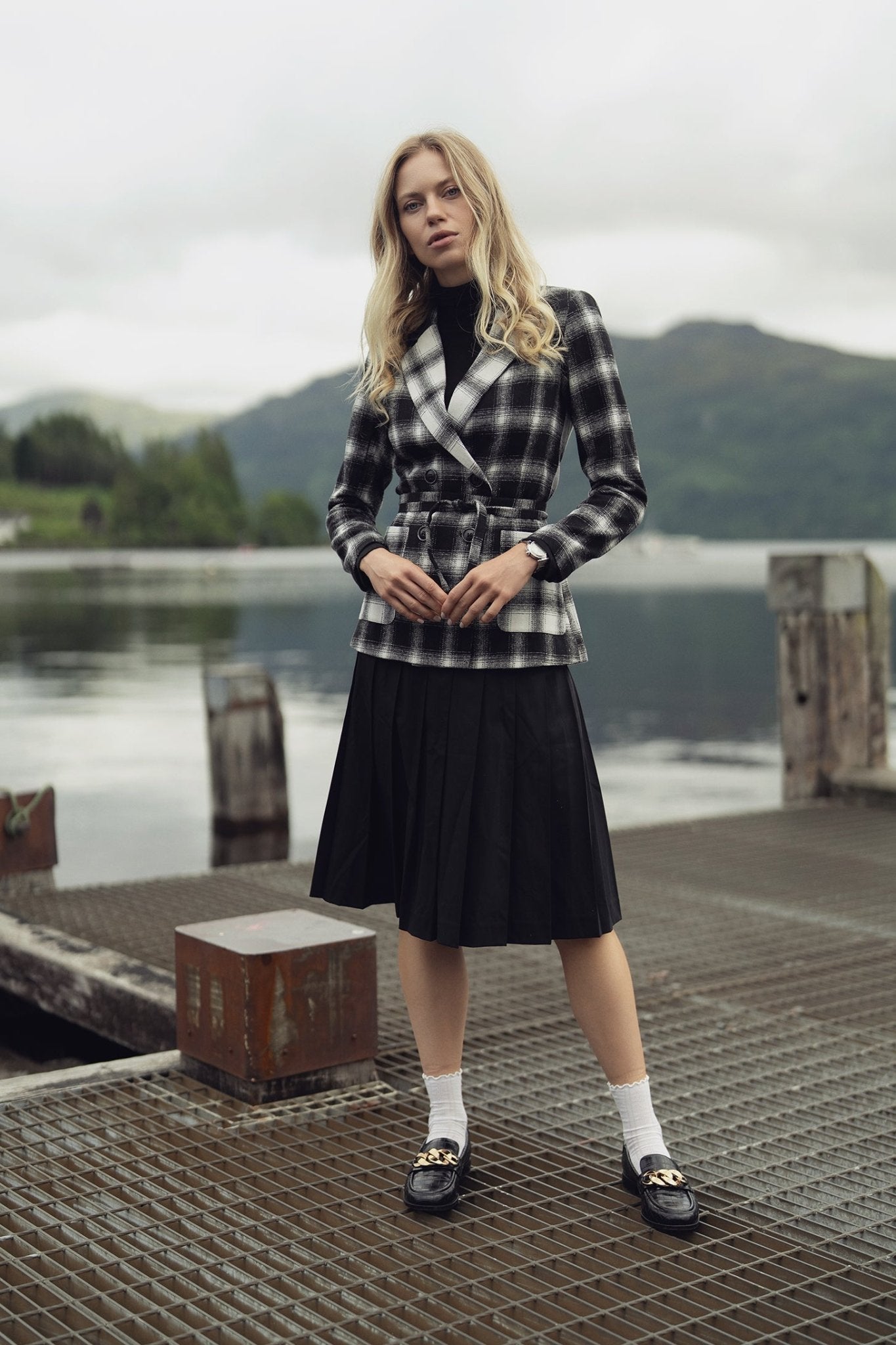 Double Breasted Belted Blazer - Black/White Plaid - Addy Avenue