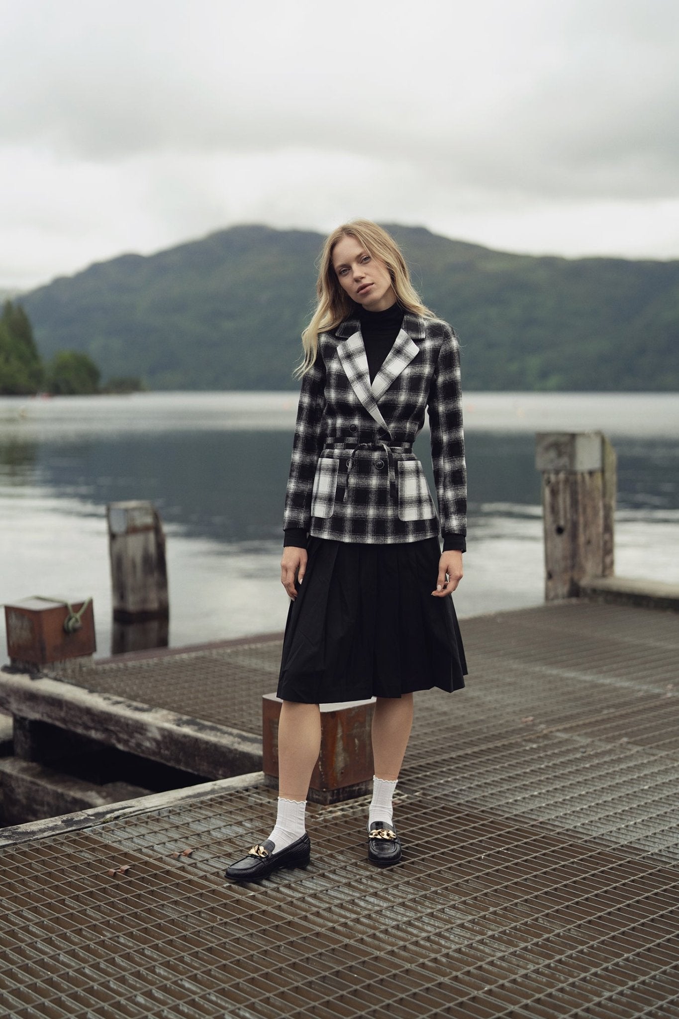 Double Breasted Belted Blazer - Black/White Plaid - Addy Avenue