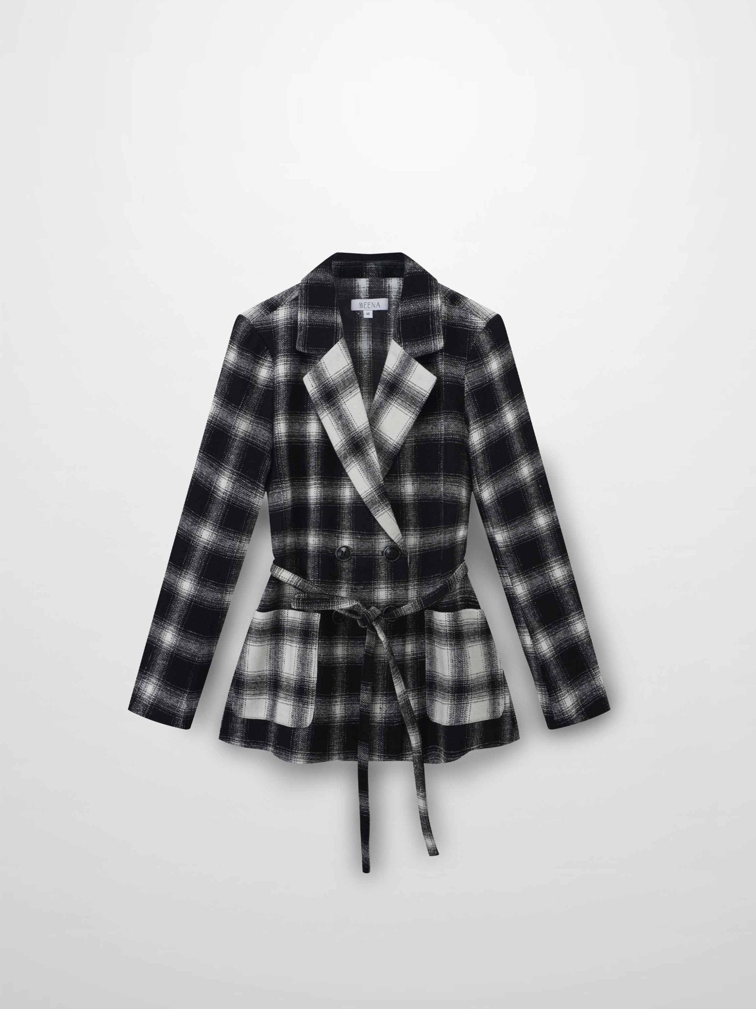 Double Breasted Belted Blazer - Black/White Plaid - Addy Avenue