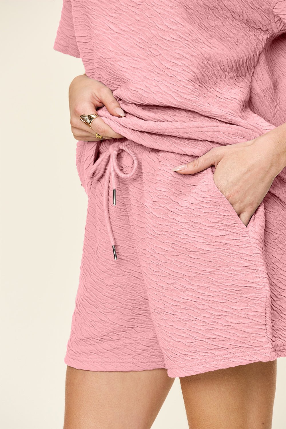 Double Take Full Size Texture Short Sleeve T-Shirt and Drawstring Shorts Set - Addy Avenue