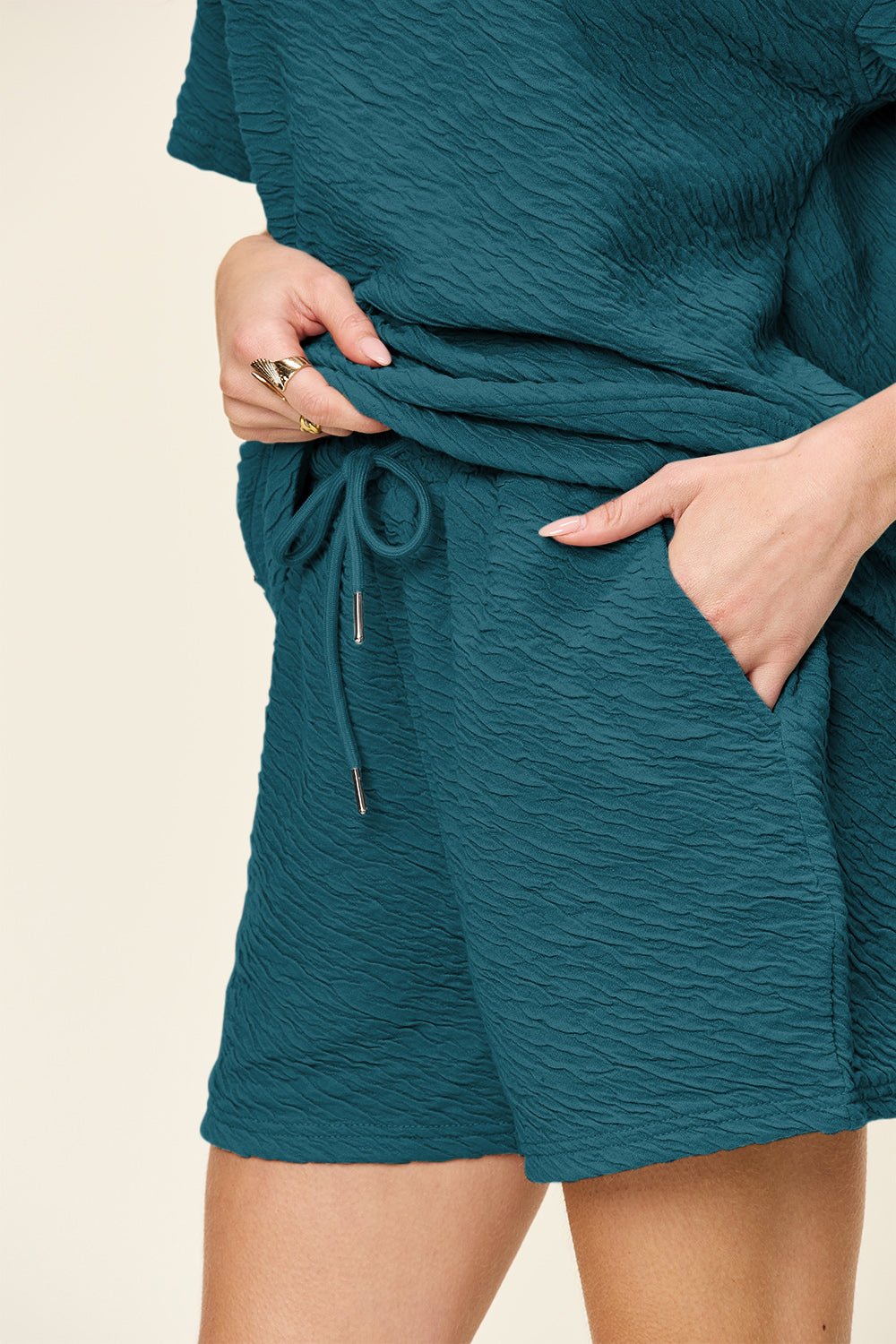 Double Take Full Size Texture Short Sleeve T-Shirt and Drawstring Shorts Set - Addy Avenue