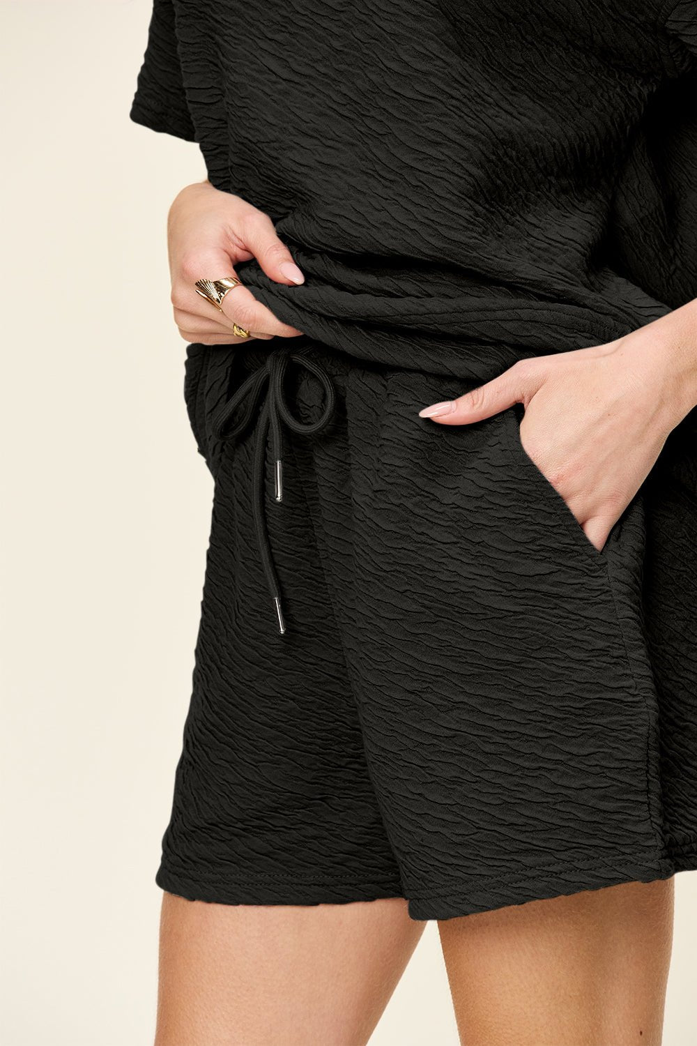 Double Take Full Size Texture Short Sleeve T-Shirt and Drawstring Shorts Set - Addy Avenue
