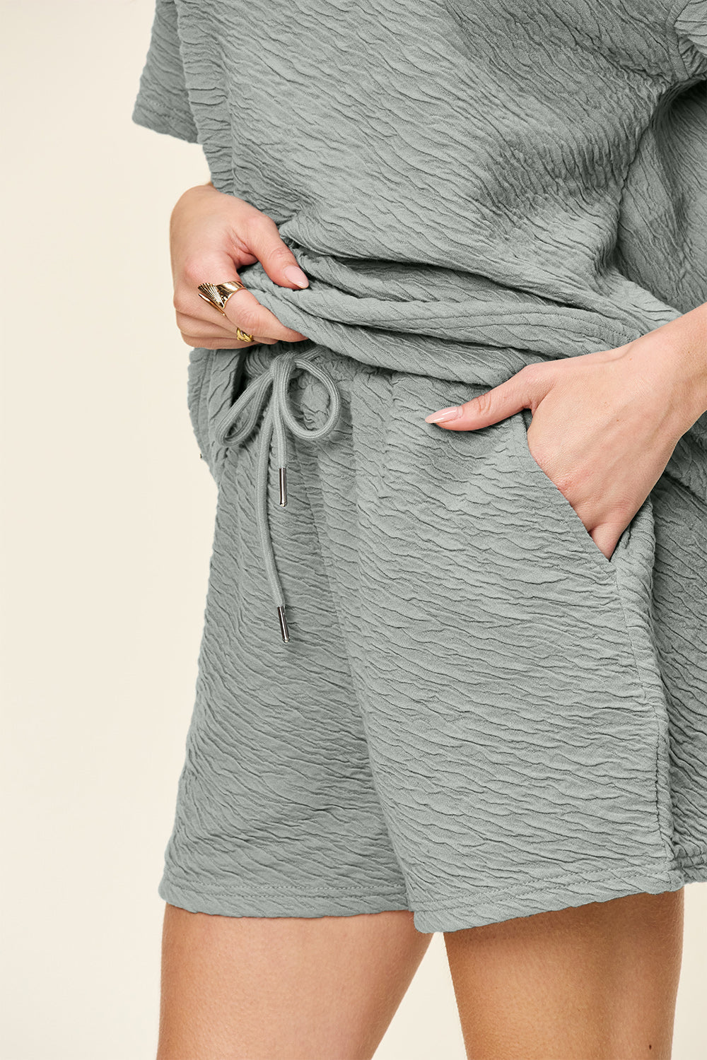 Double Take Full Size Texture Short Sleeve T-Shirt and Drawstring Shorts Set - Addy Avenue