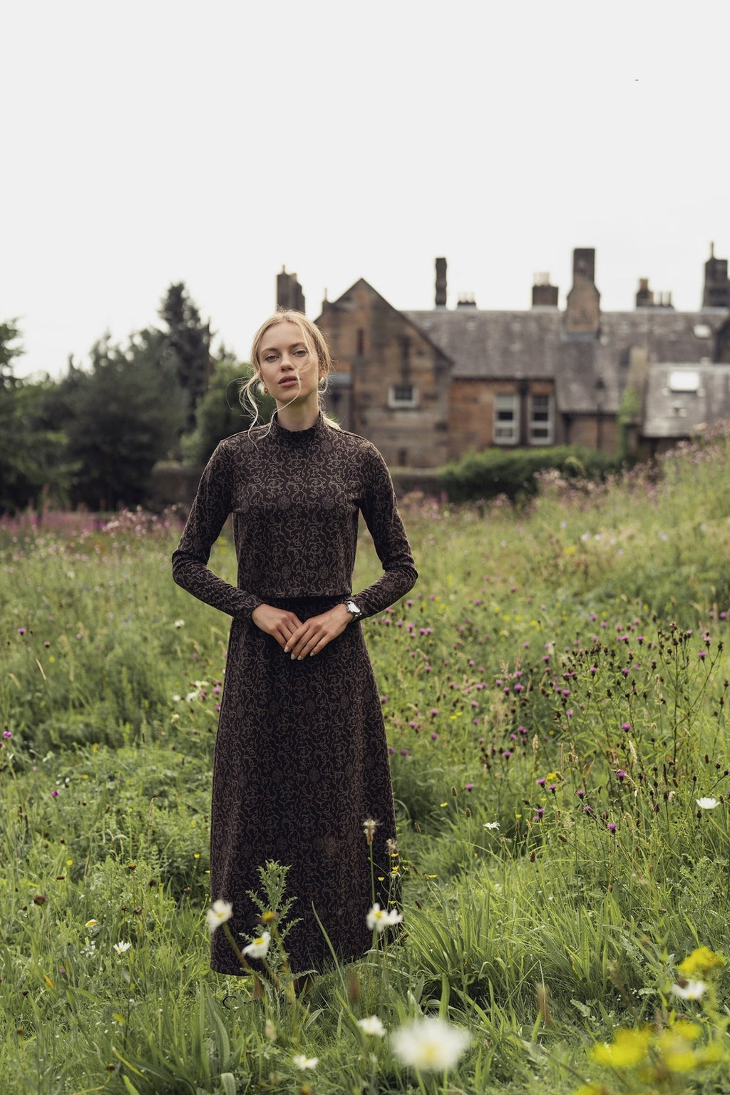 Elastic Waist Maxi Skirt - Brown Vines - Addy Avenue