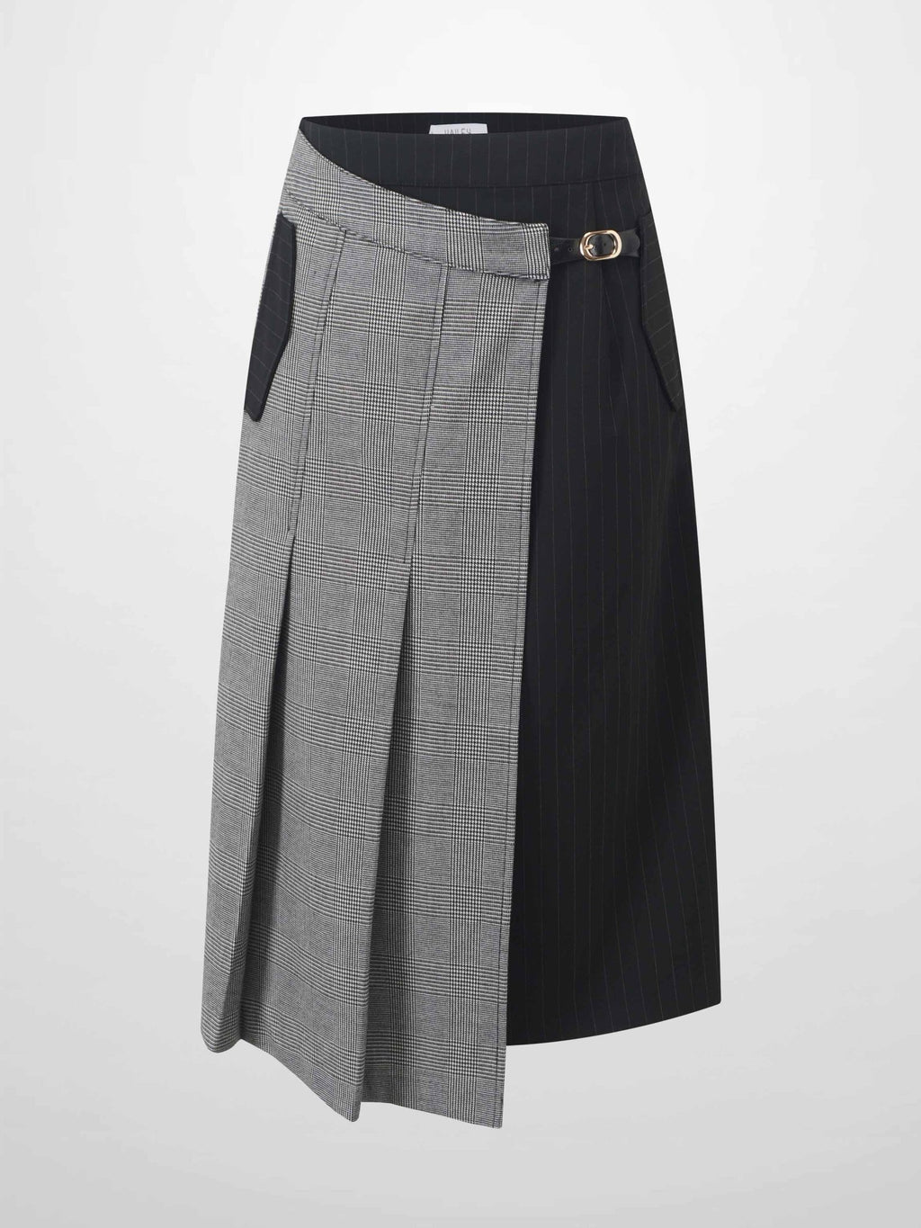 Faux Wrap Pleated Front Buckle Skirt - Pinstripe/Plaid - Addy Avenue