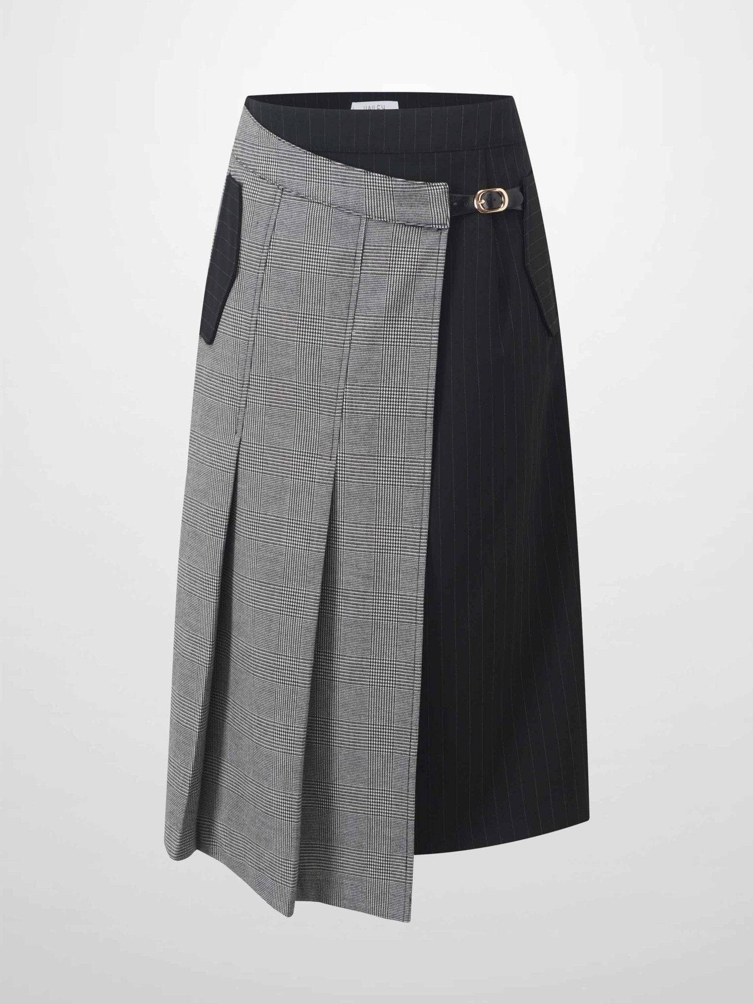 Faux Wrap Pleated Front Buckle Skirt - Pinstripe/Plaid - Addy Avenue