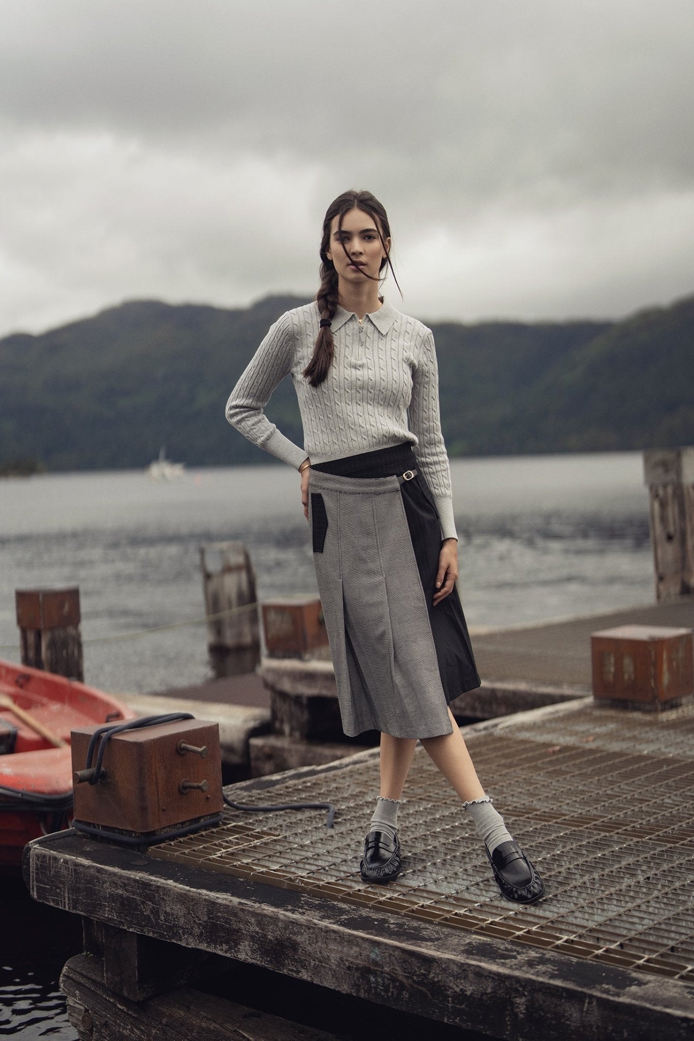 Faux Wrap Pleated Front Buckle Skirt - Pinstripe/Plaid - Addy Avenue