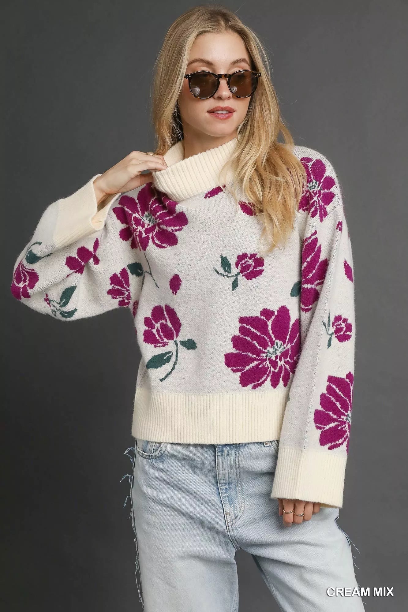 Floral Patterned Mock Neck Sweater - Addy Avenue
