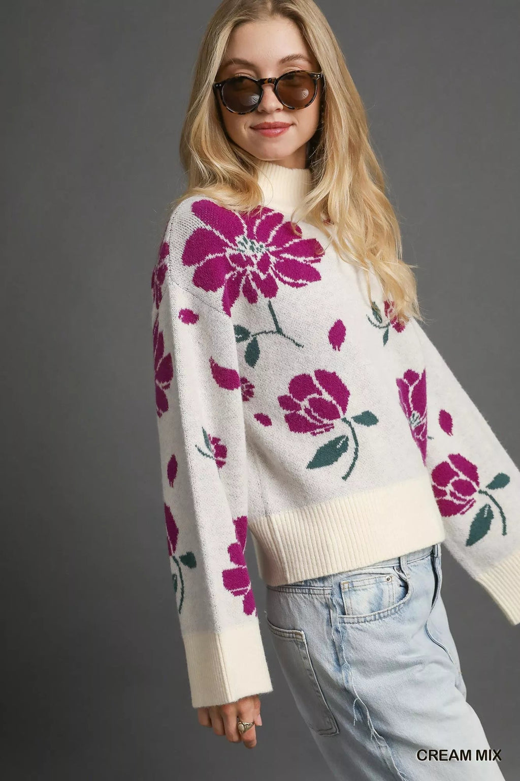 Floral Patterned Mock Neck Sweater - Addy Avenue