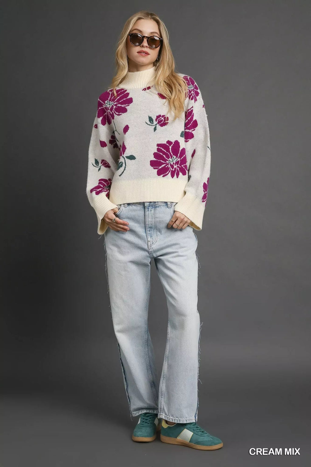 Floral Patterned Mock Neck Sweater - Addy Avenue