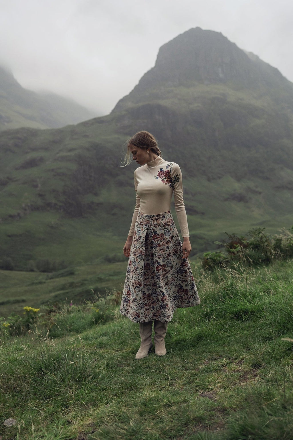 Flower Printed Velour Turtleneck - Cream - Addy Avenue