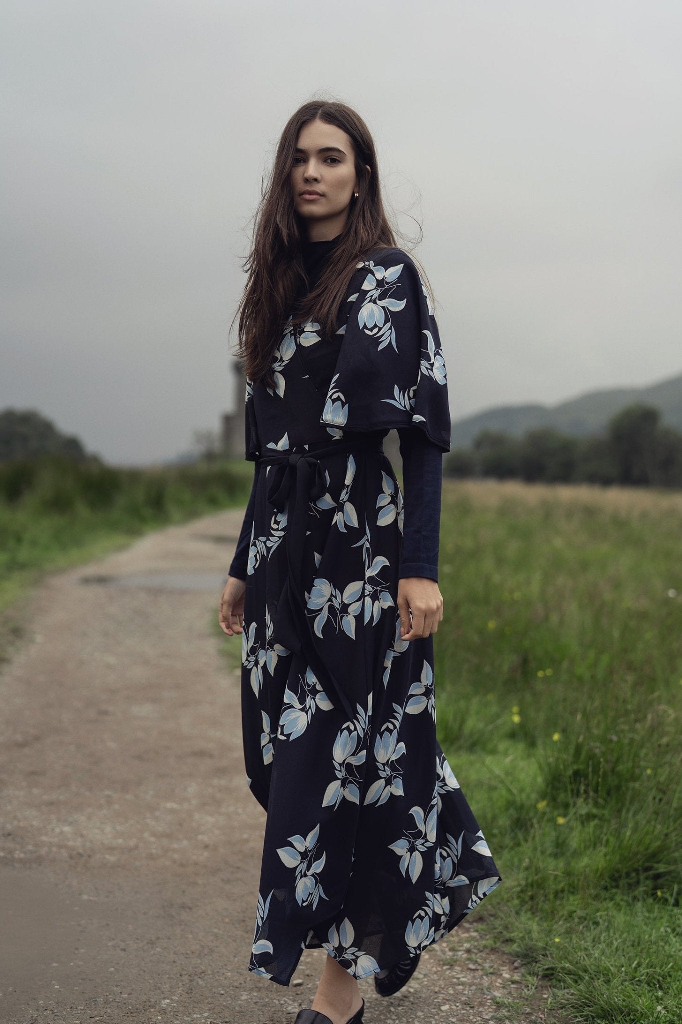 Flutter Sleeve Wrap Dress - Blue Flower - Addy Avenue