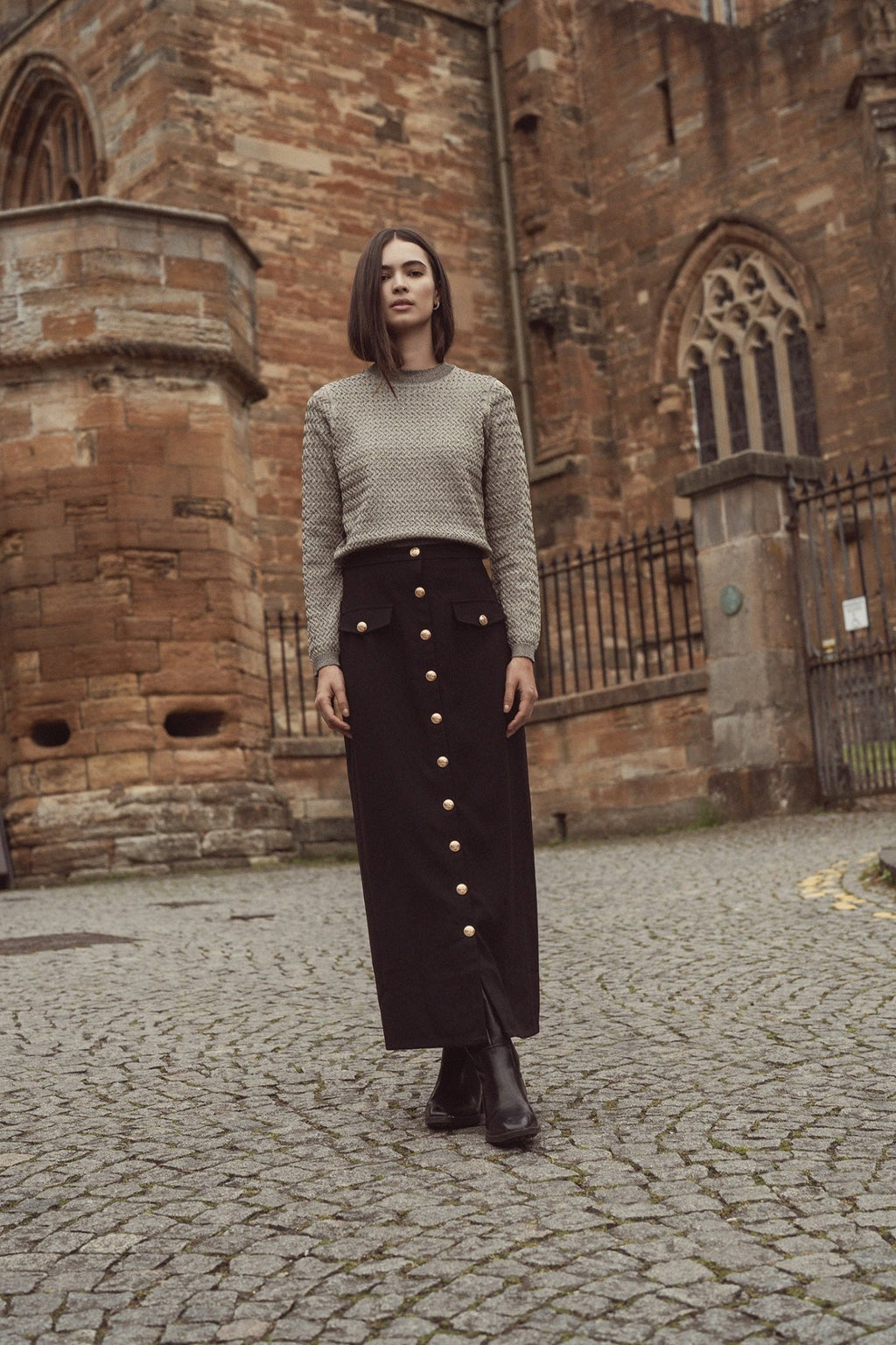 Gold Button Straight Pocket Skirt - Black - Addy Avenue