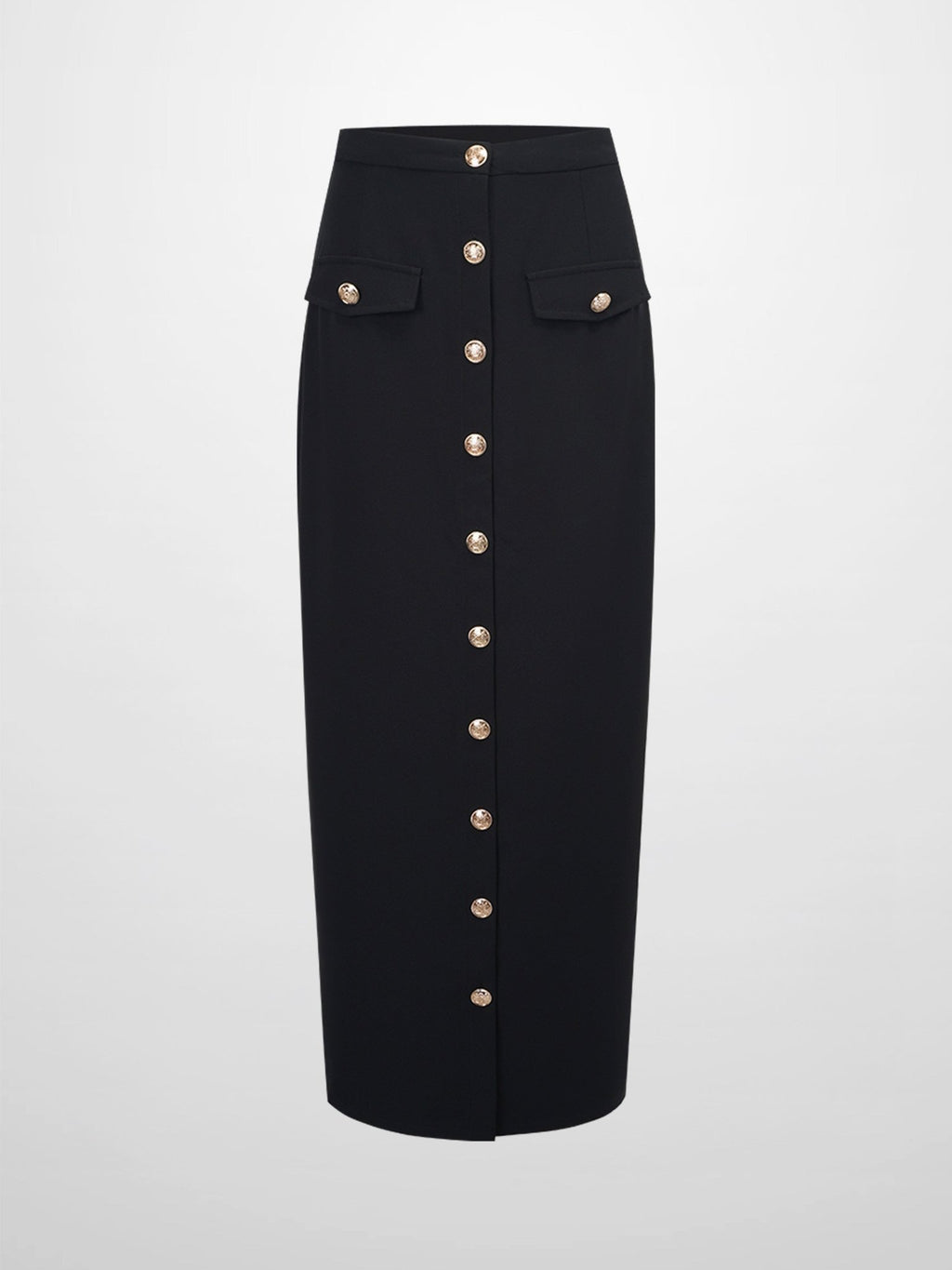 Gold Button Straight Pocket Skirt - Black - Addy Avenue
