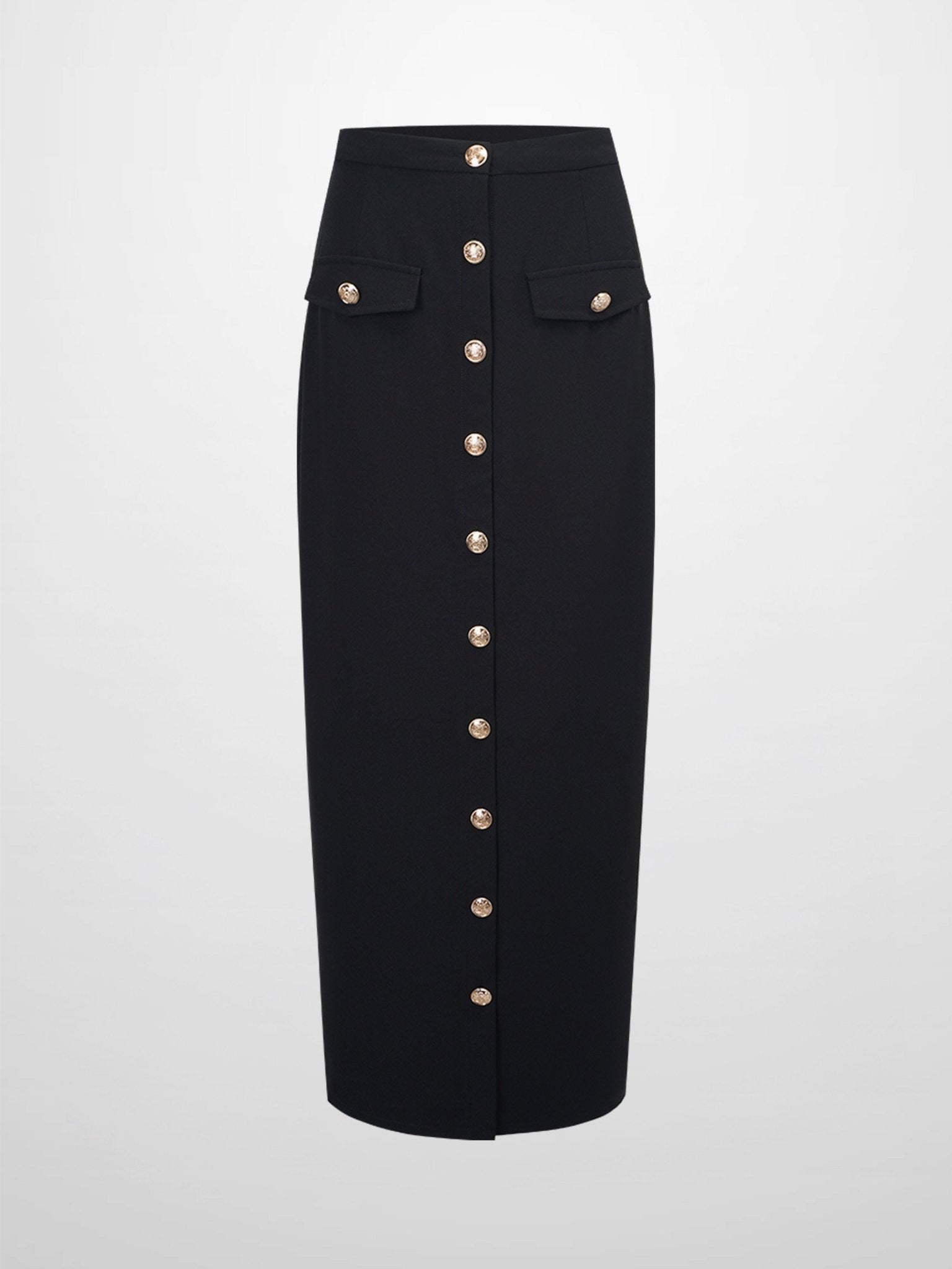Gold Button Straight Pocket Skirt - Black - Addy Avenue