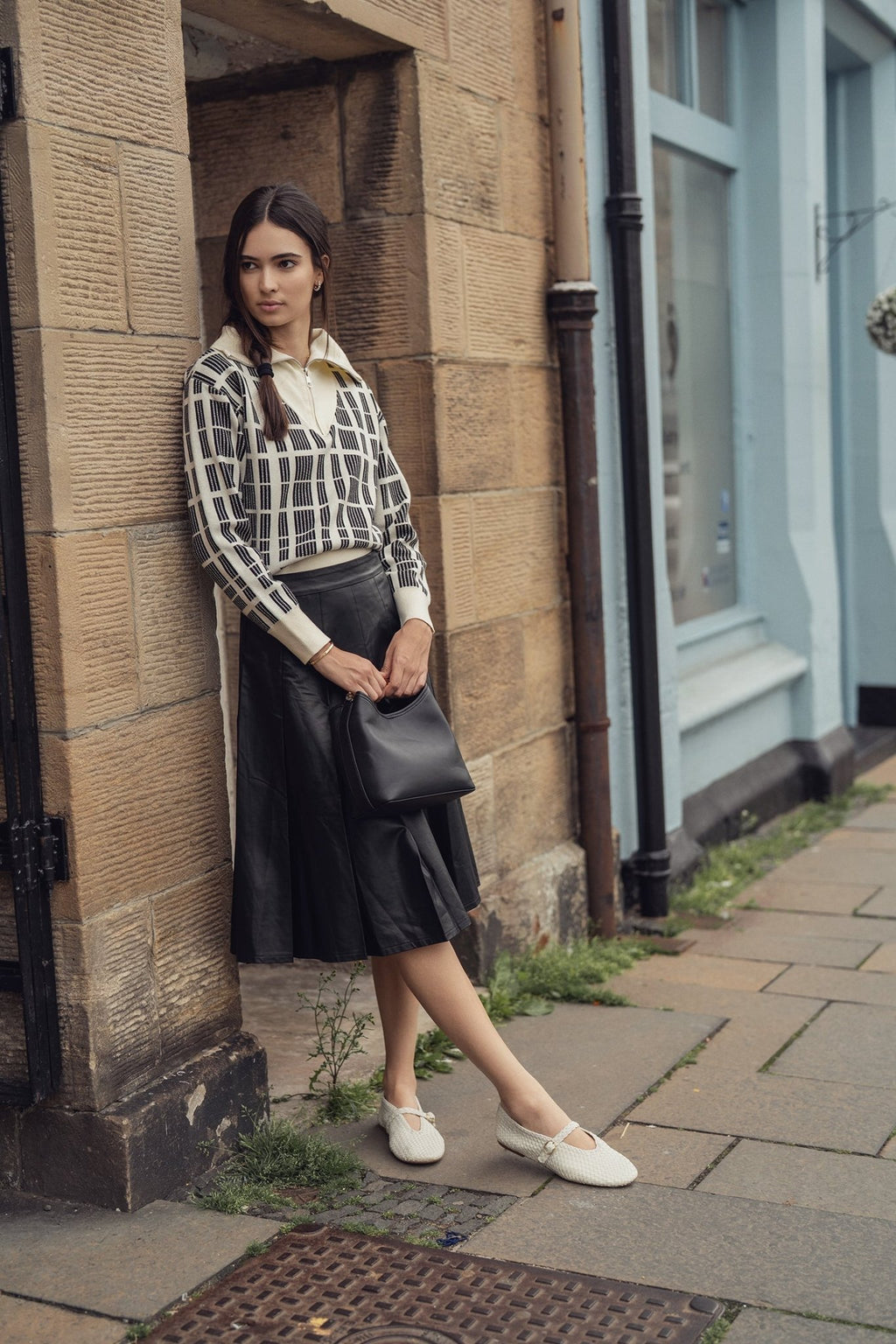 Half Zip Shawl Collar Sweater - Cream/Black - Addy Avenue