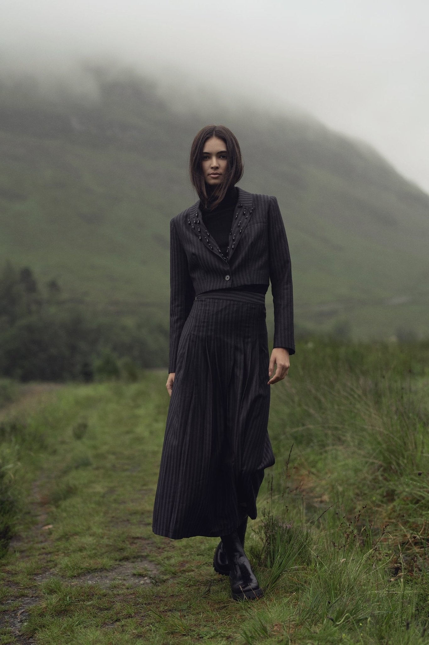 Herringbone Crop Beaded Blazer - Grey/Black - Addy Avenue