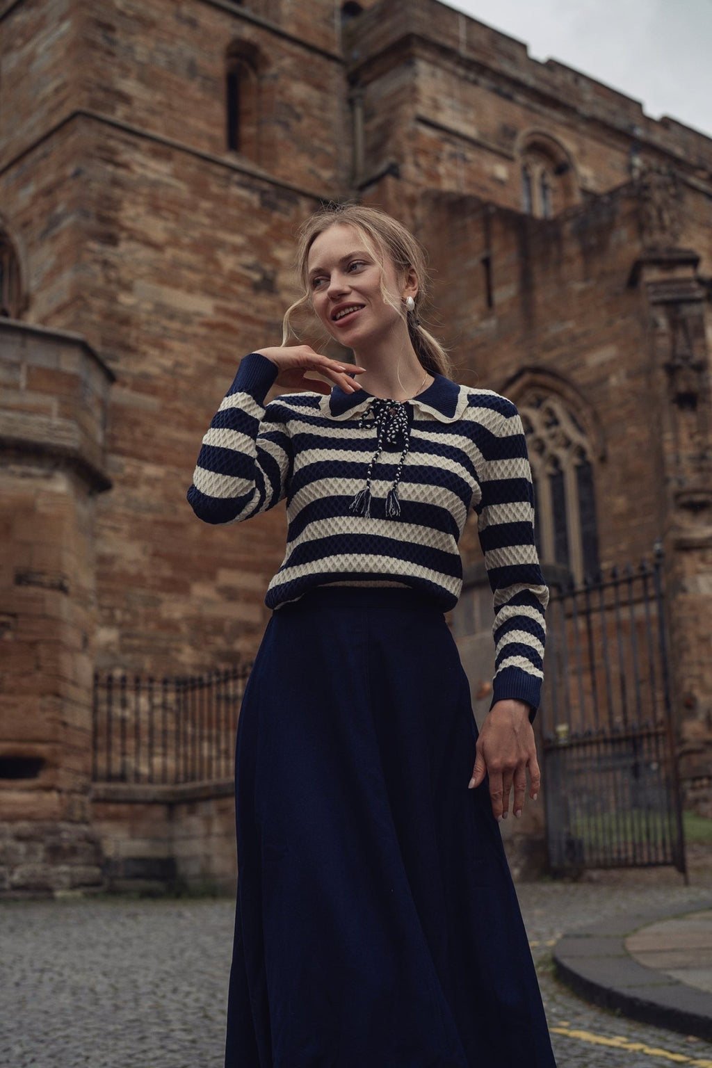 Laced Ruffle Collar Striped Sweater - Navy/Cream - Addy Avenue