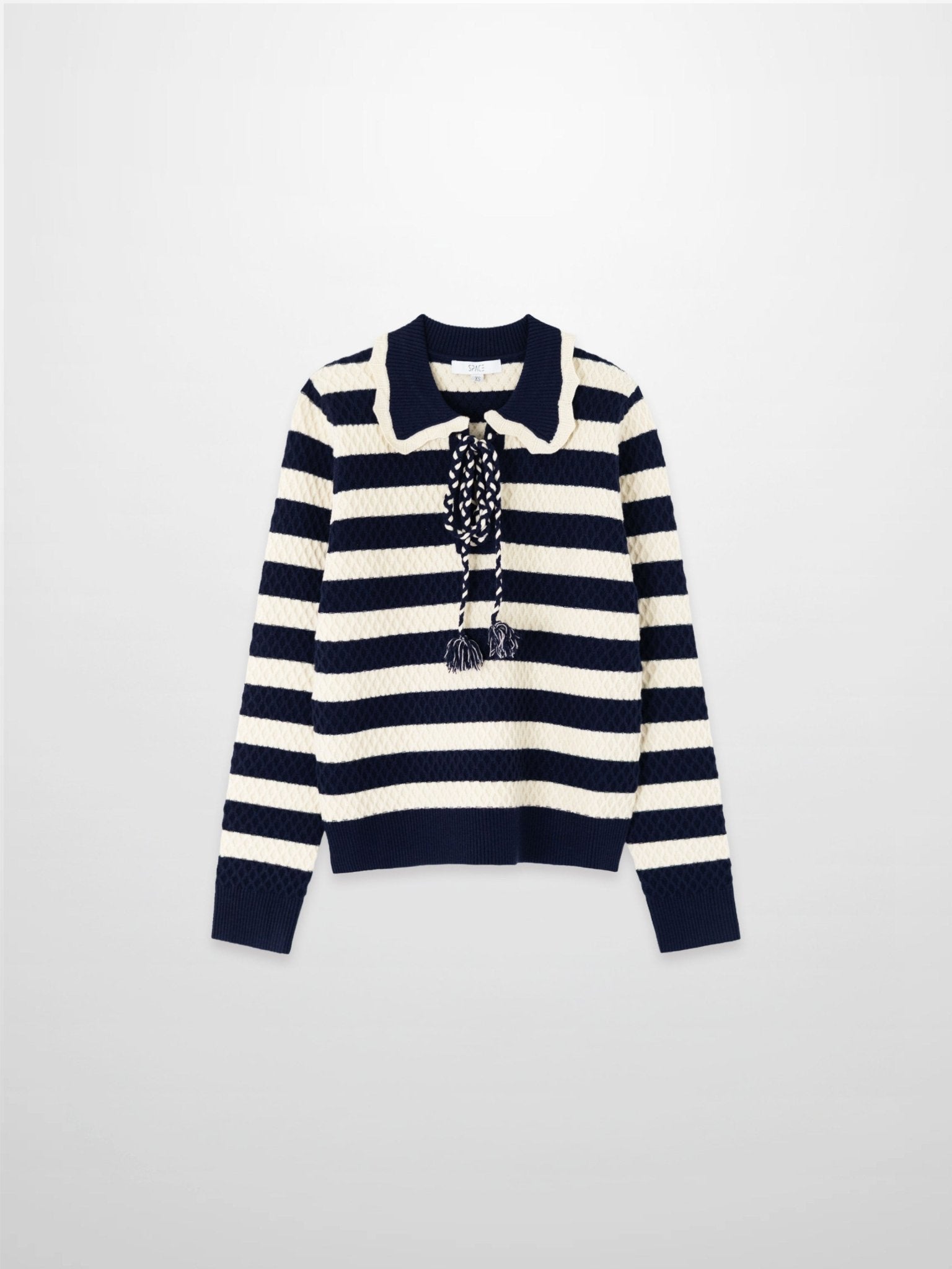 Laced Ruffle Collar Striped Sweater - Navy/Cream - Addy Avenue
